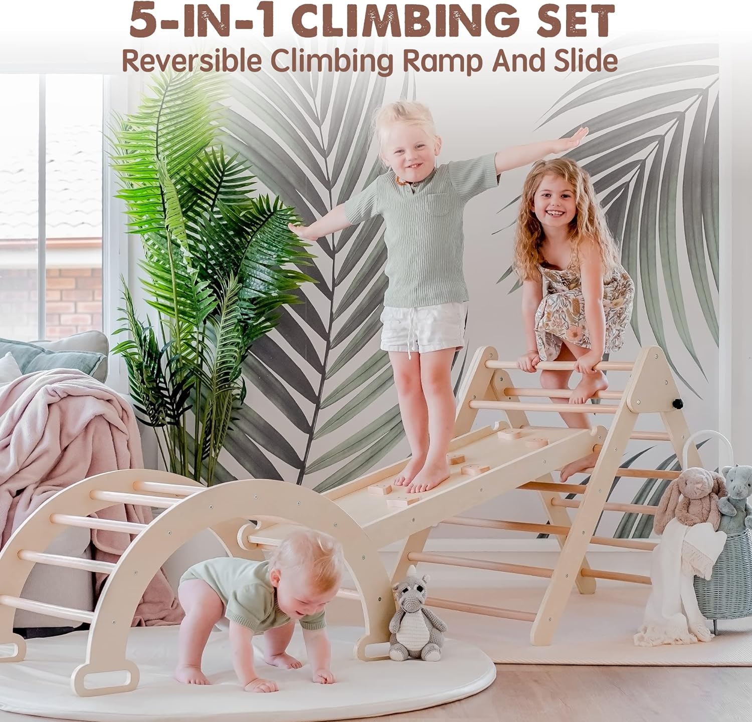 5 in 1 Pikler Triangle Set, Baby Climbing Toy Indoor Playground, Kids Jungle Gym